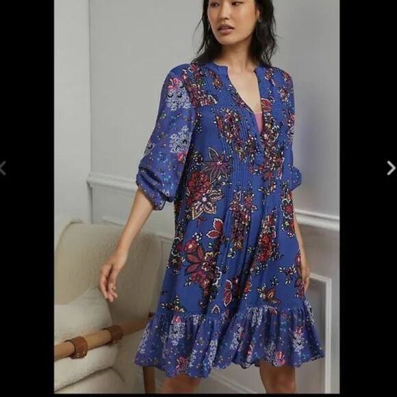 Anthropologie Blue Floral Mini Dress - Picture 1 of 10